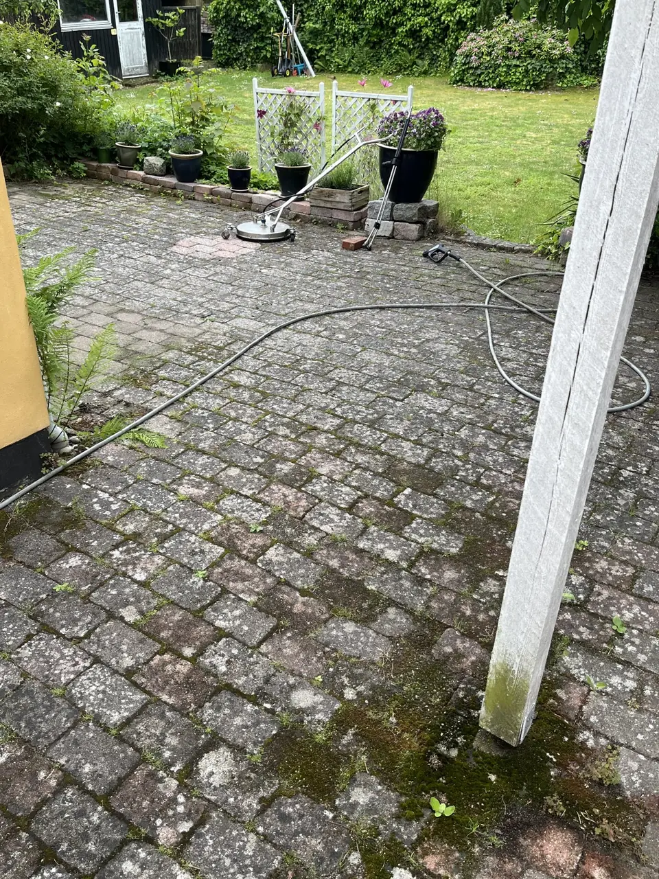 Belægning med mos mod haven før rensning